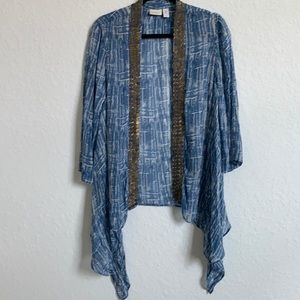 Chico’s Kimono Open Front blue white w/gold accent